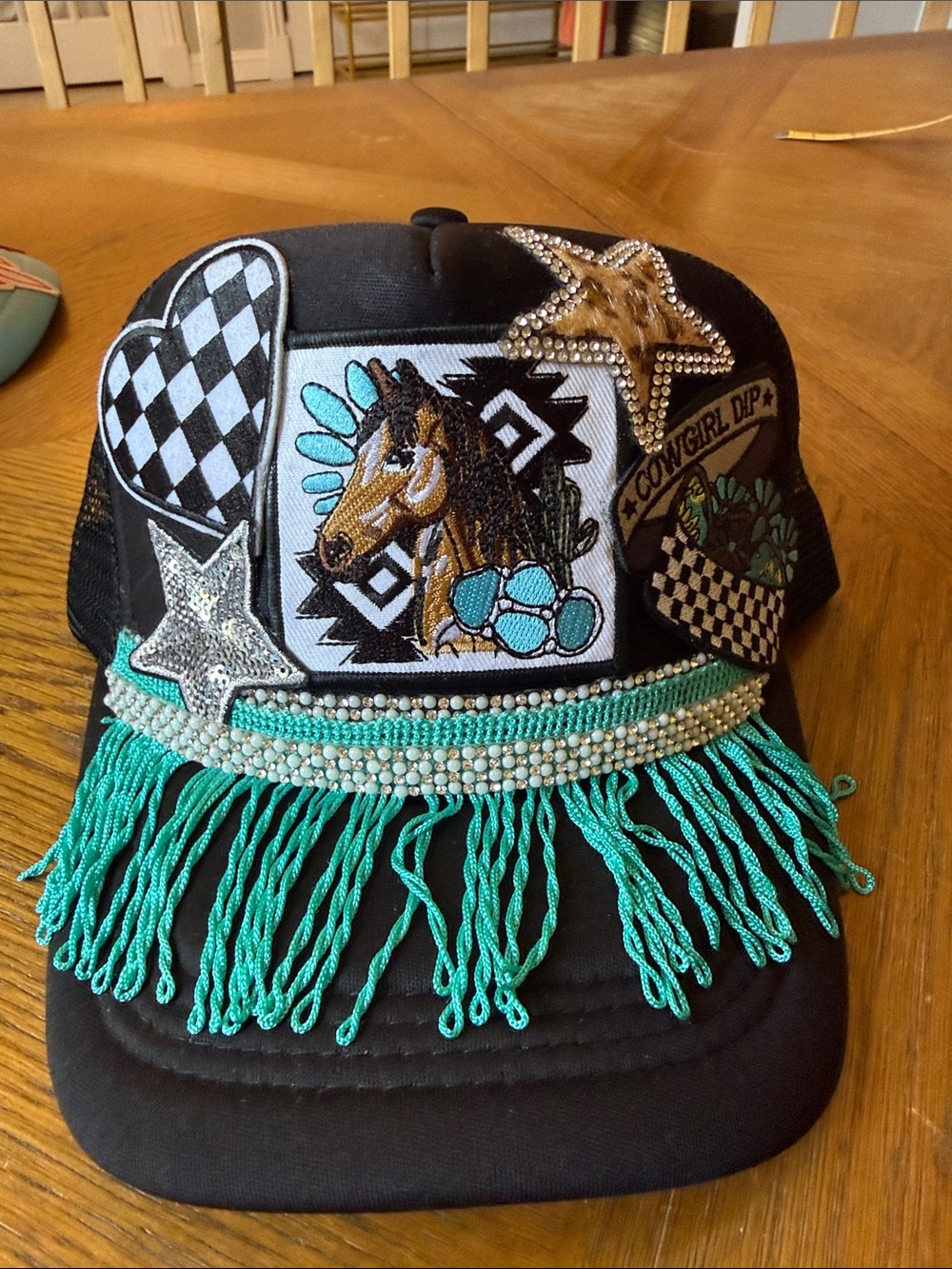 Trucker Hat Black & Teal Embellished Horse Fringe Cap